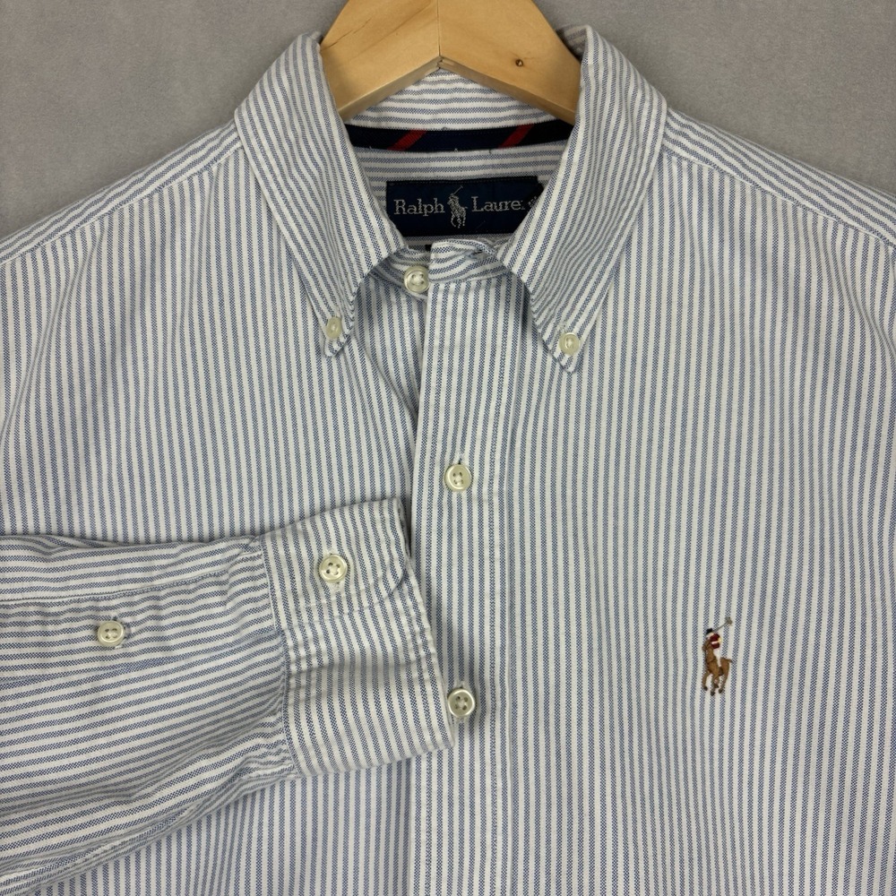 Polo Ralph Lauren Oxford Shirt Mens Medium Blue Striped Flesh Pony OCBD Preppy